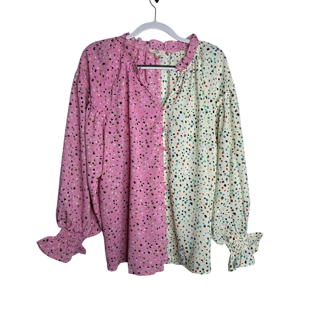 Entro Blouse Womens XL Pink‎ Cream Multi Excellent Split Confetti Smocked Cuffs